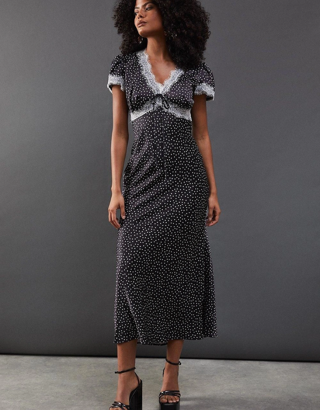 Spot Satin Lace Trim Midaxi Tea Dress, 2 of 1