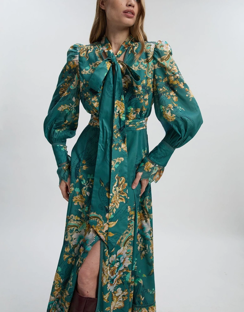 Voile Floral Border Print Woven Maxi Dress With Ladder Lace Trim