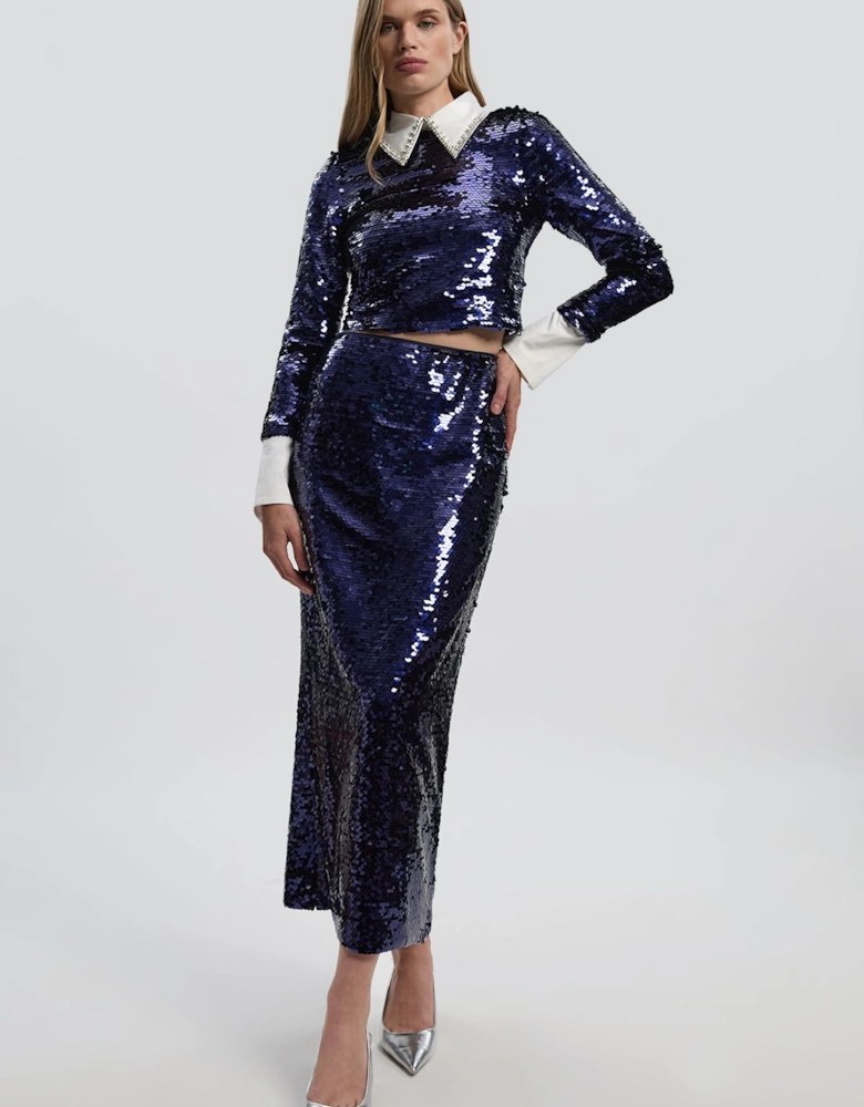 Sequin Front Split Woven Midi Skirt