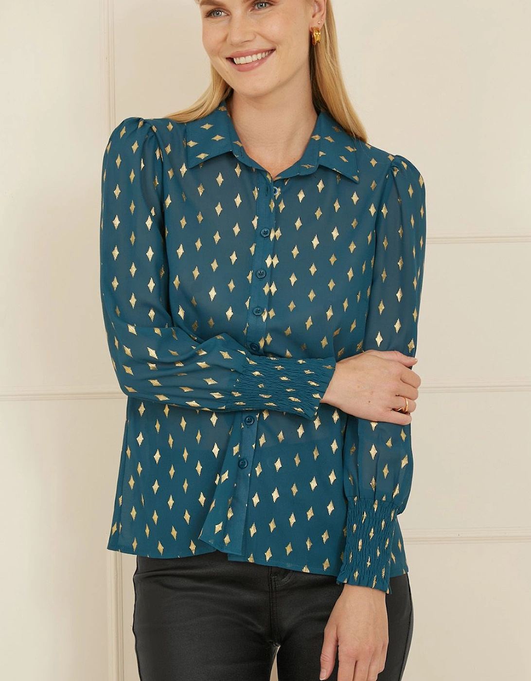 Teal Diamond Foil Print Top With Ruched Cuff, 2 of 1