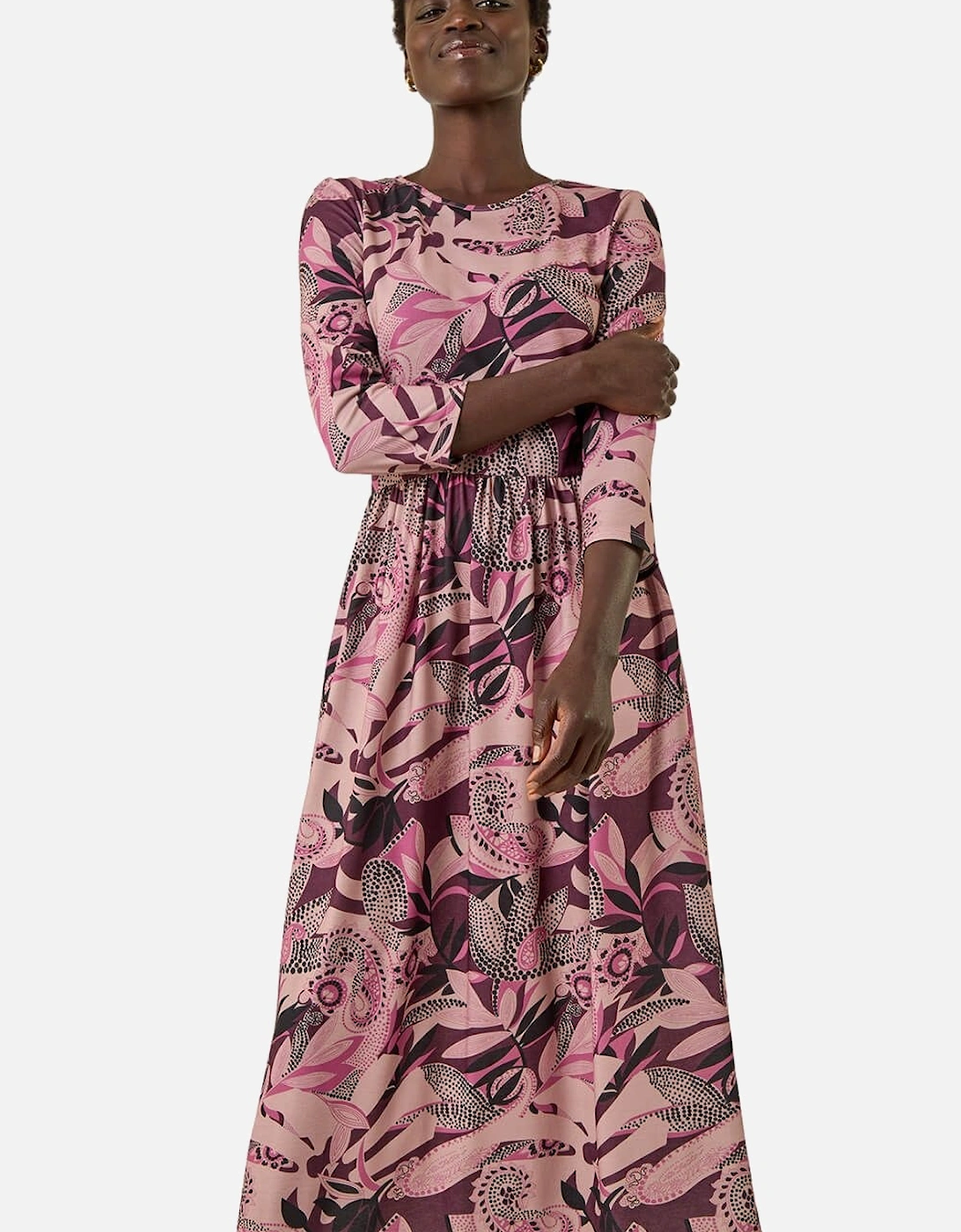 Floral Print Gathered Stretch Midi Dress, 2 of 1