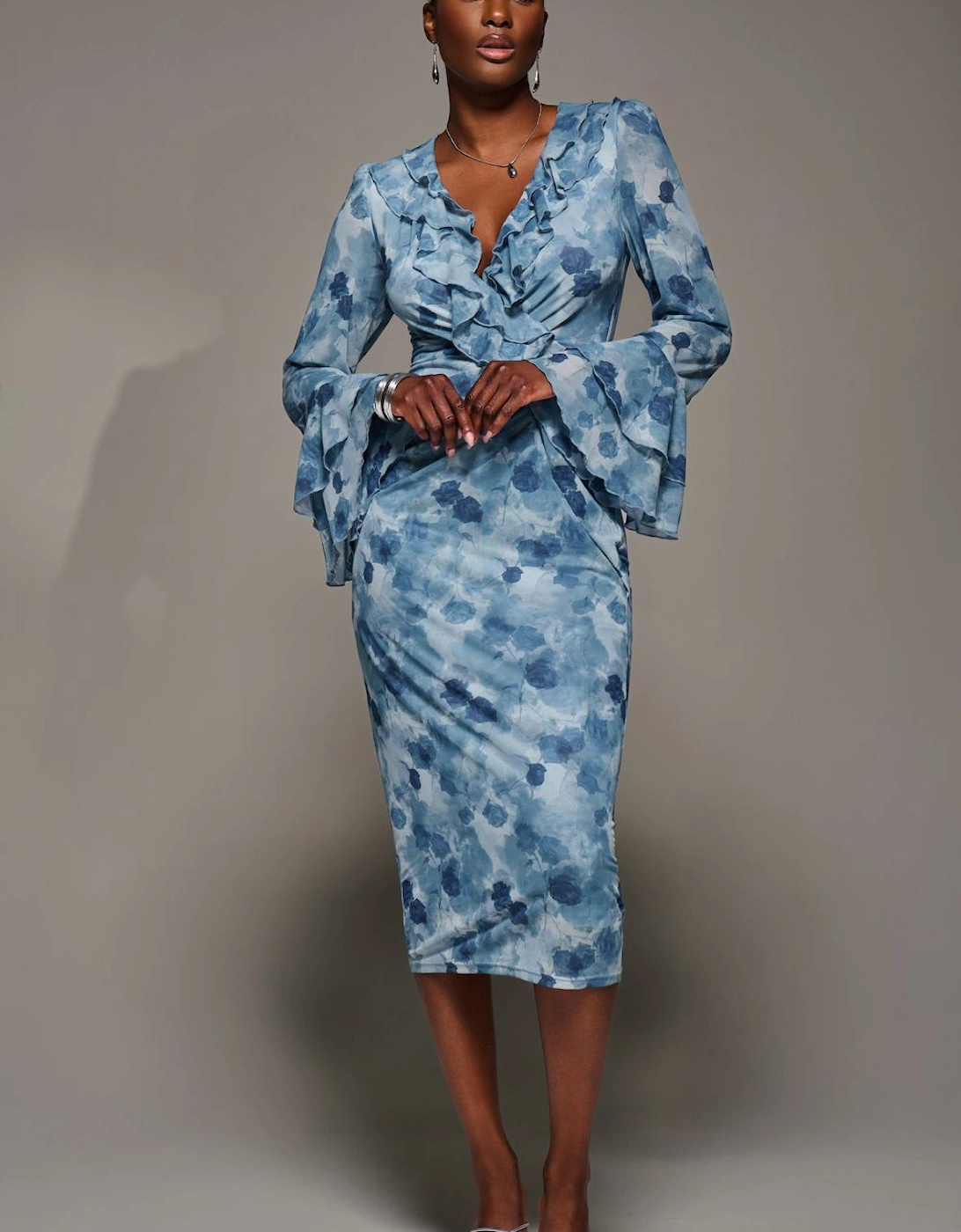 Frill Sleeve Pleated Wrap Midi Dress, 2 of 1