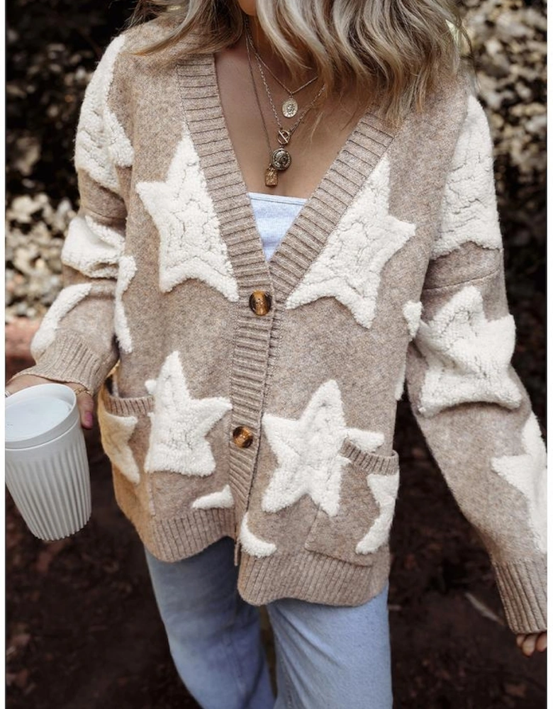 Khaki Sherpa Star Pattern Textured Sweater Cardigan with Pockets