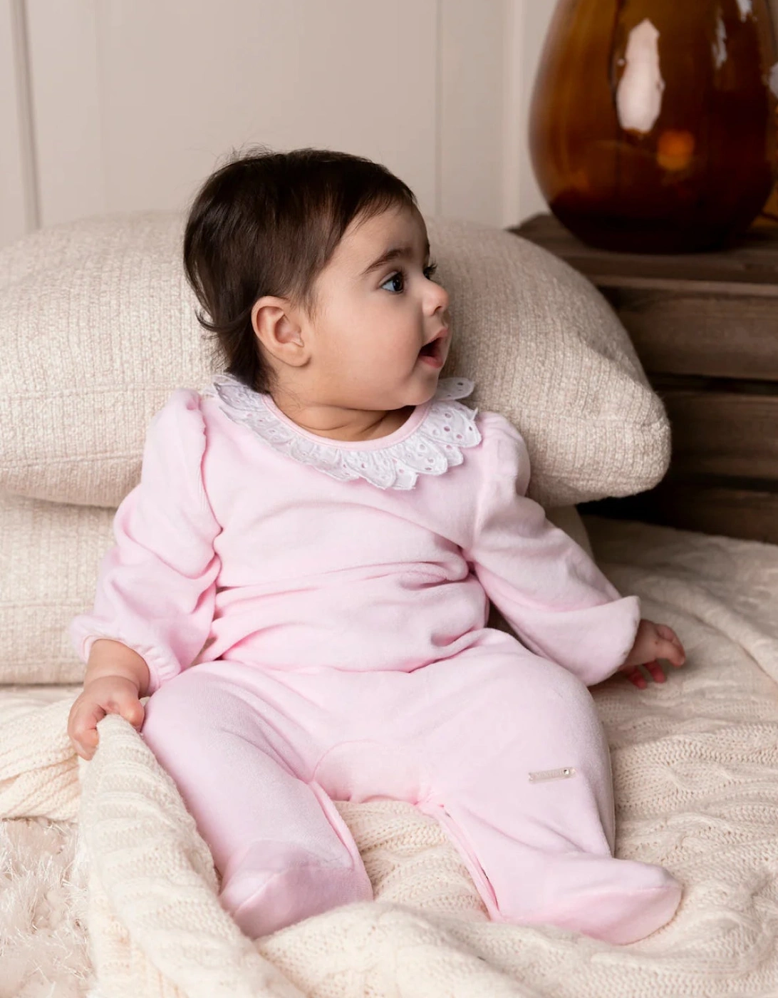 Girls Pale Pink Velour Petal Babygrow