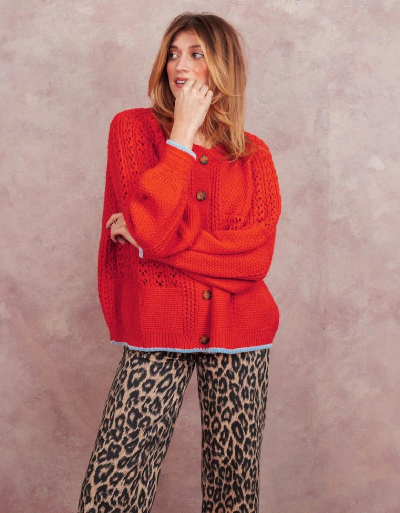 Brigit Pointelle Stitch Balloon Sleeve Cardigan - Orange