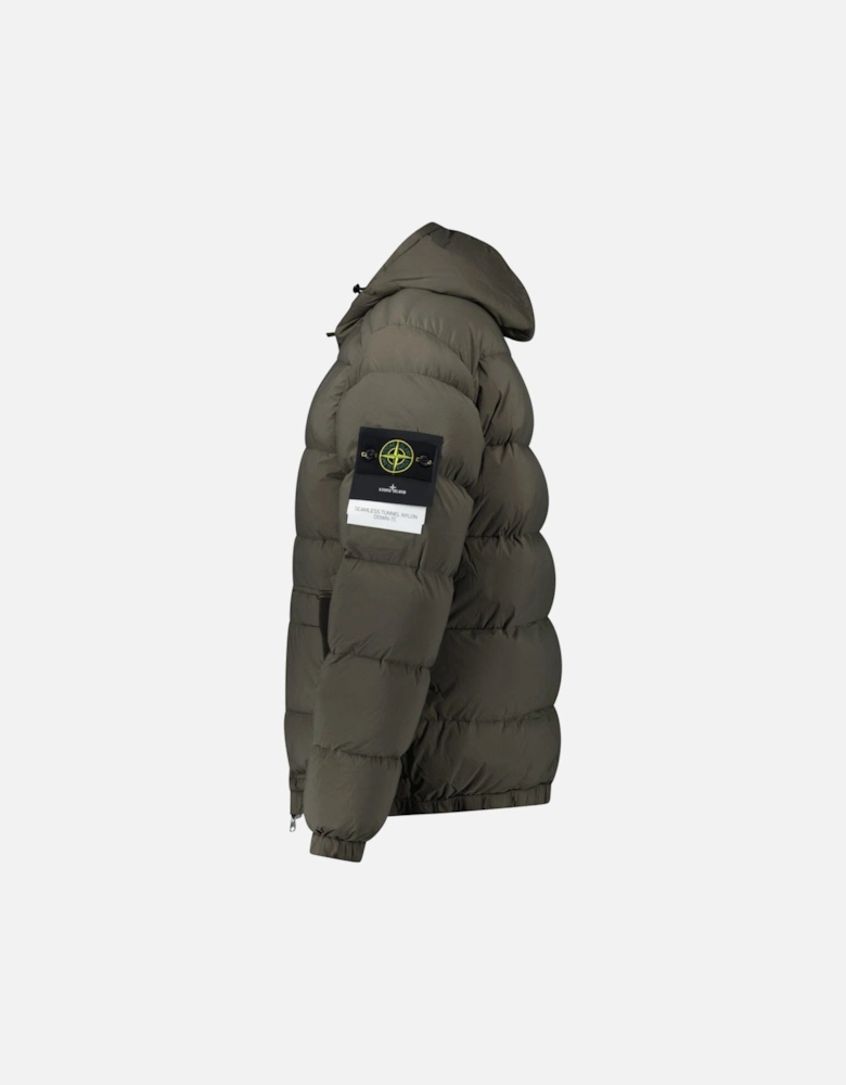 Hooded Down Jacket with Seamless Feather Tunnels in Military Green