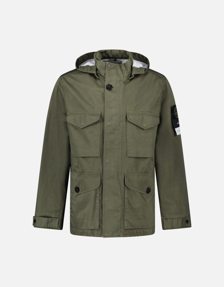 Drawstring-Hood Regular-Fit Cotton Jacket in Military Green