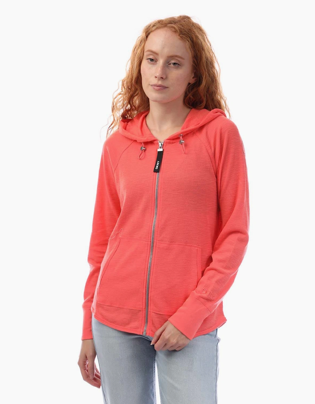 DKNY Women's Front Zip Through Slub Waffle Knit Hoodie - Pink - Size: 10/8