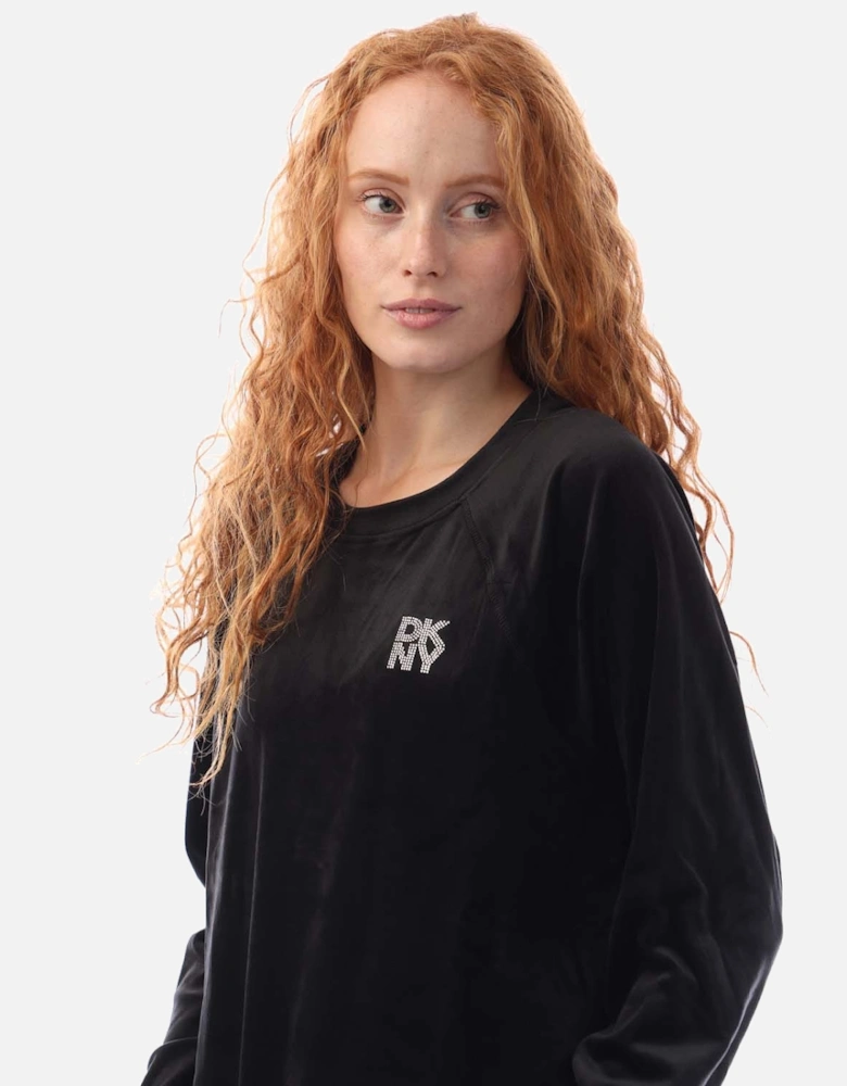 Rhinestone Velour Logo Crew Neck Sweatshirt