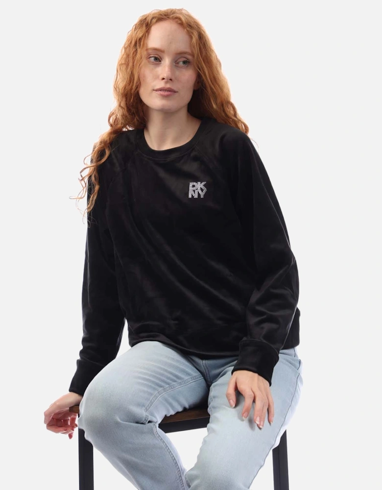 Rhinestone Velour Logo Crew Neck Sweatshirt
