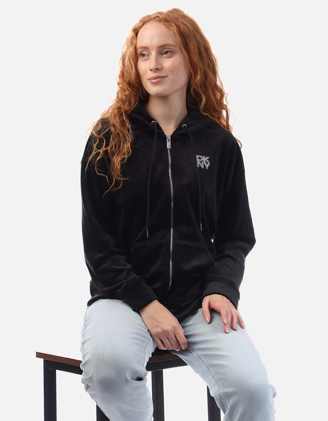 Full Zip Rhinestone Logo Velour Hoody
