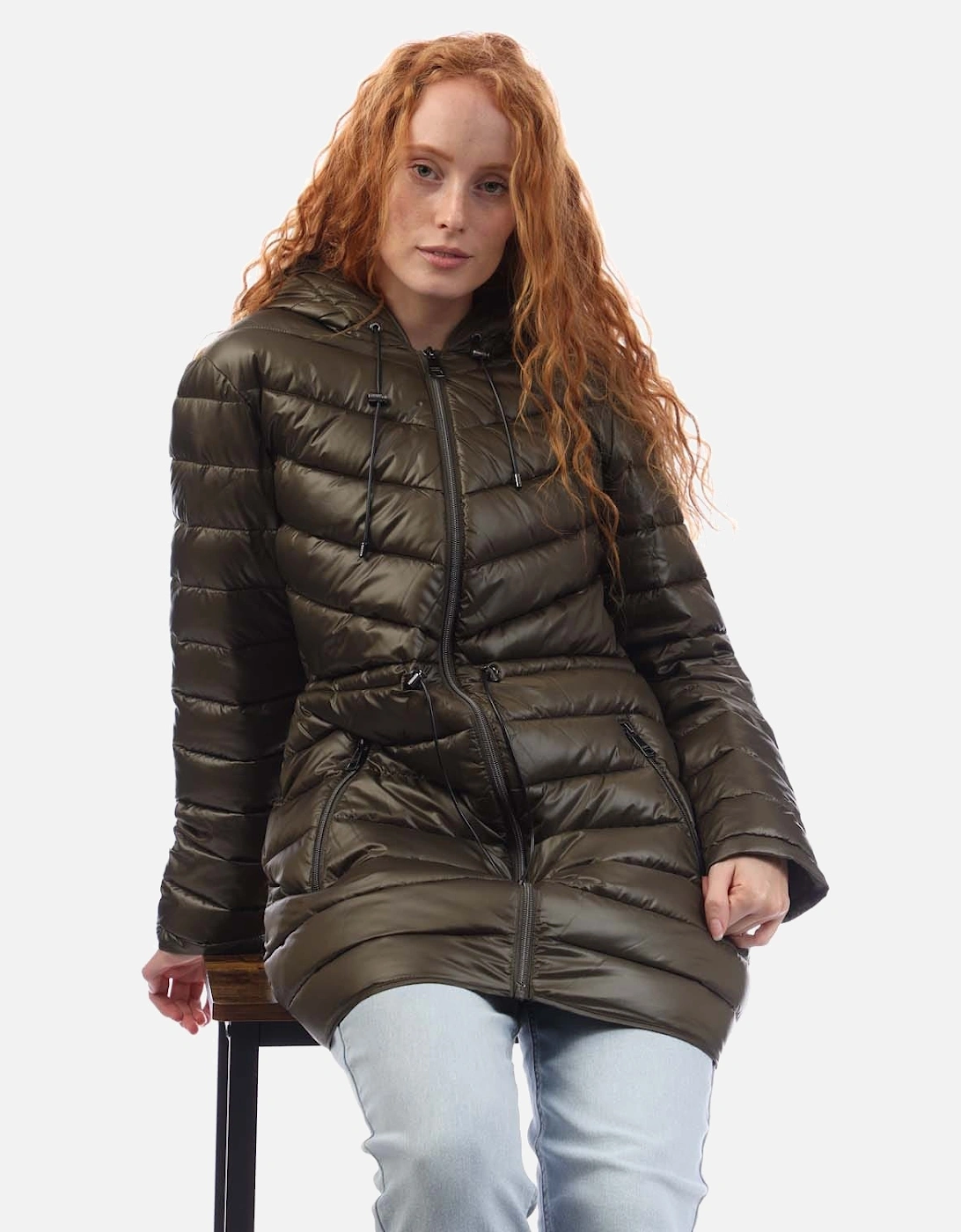 Zip Front Puffer Jacket With Cinched Waist