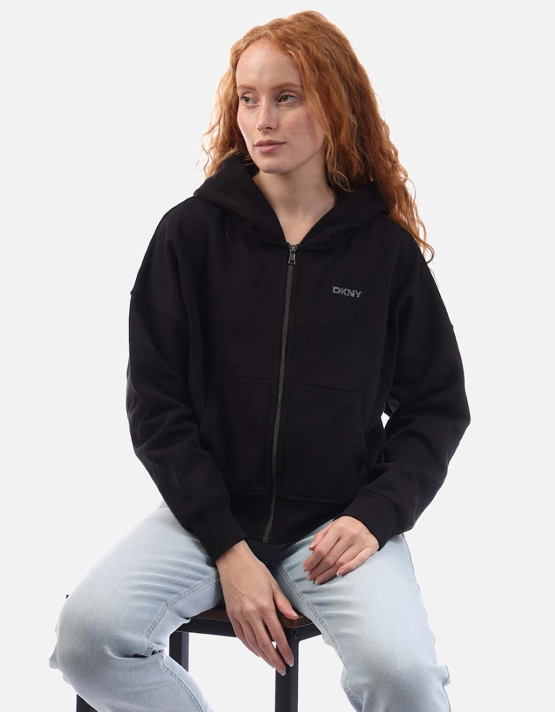Mixed Rhinestone Stud Logo Full Zip Hoodie