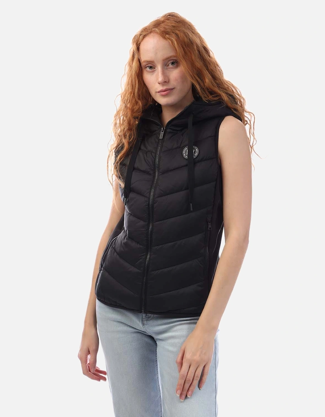 DKNY Women's Hooded Puffer Vest with Logo Drawcord - Black - Size: 6