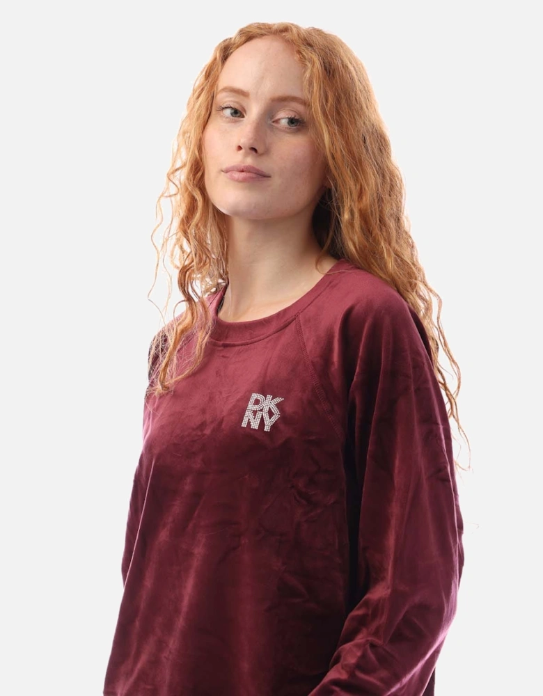 Rhinestone Velour Logo Crew Neck Sweatshirt