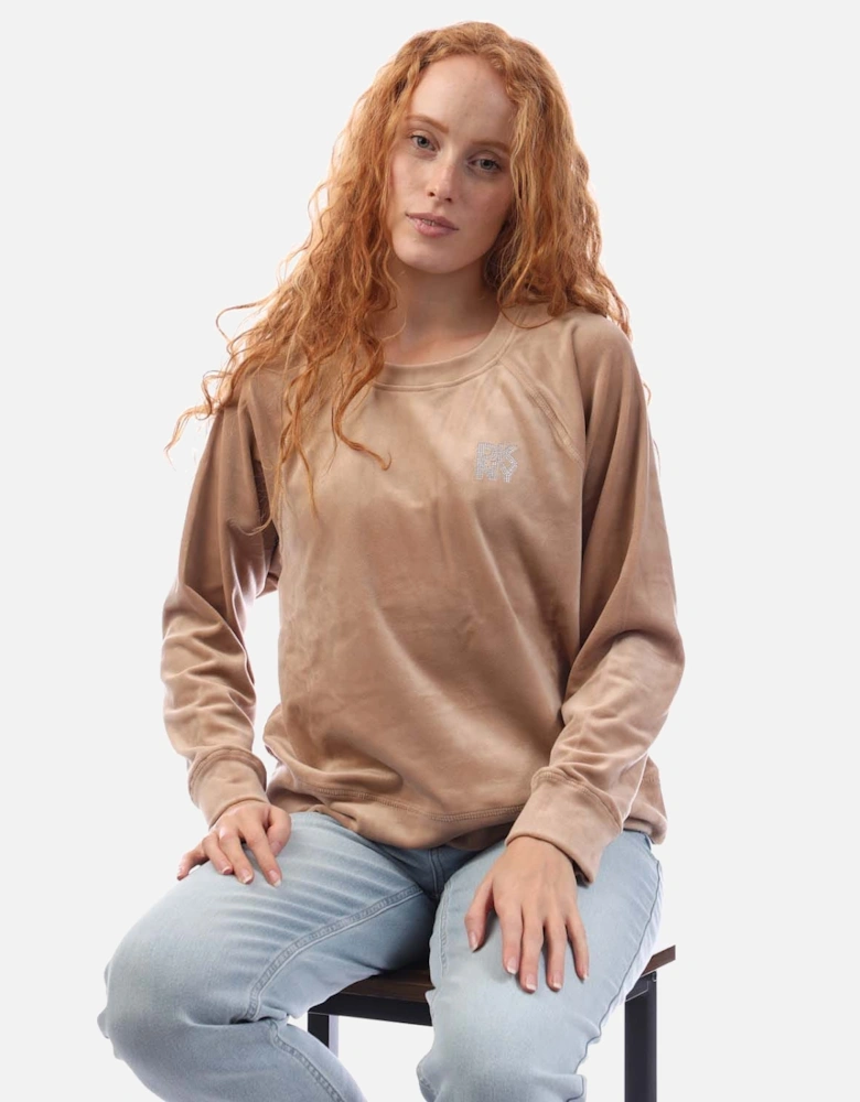 Rhinestone Velour Logo Crew Neck Sweatshirt