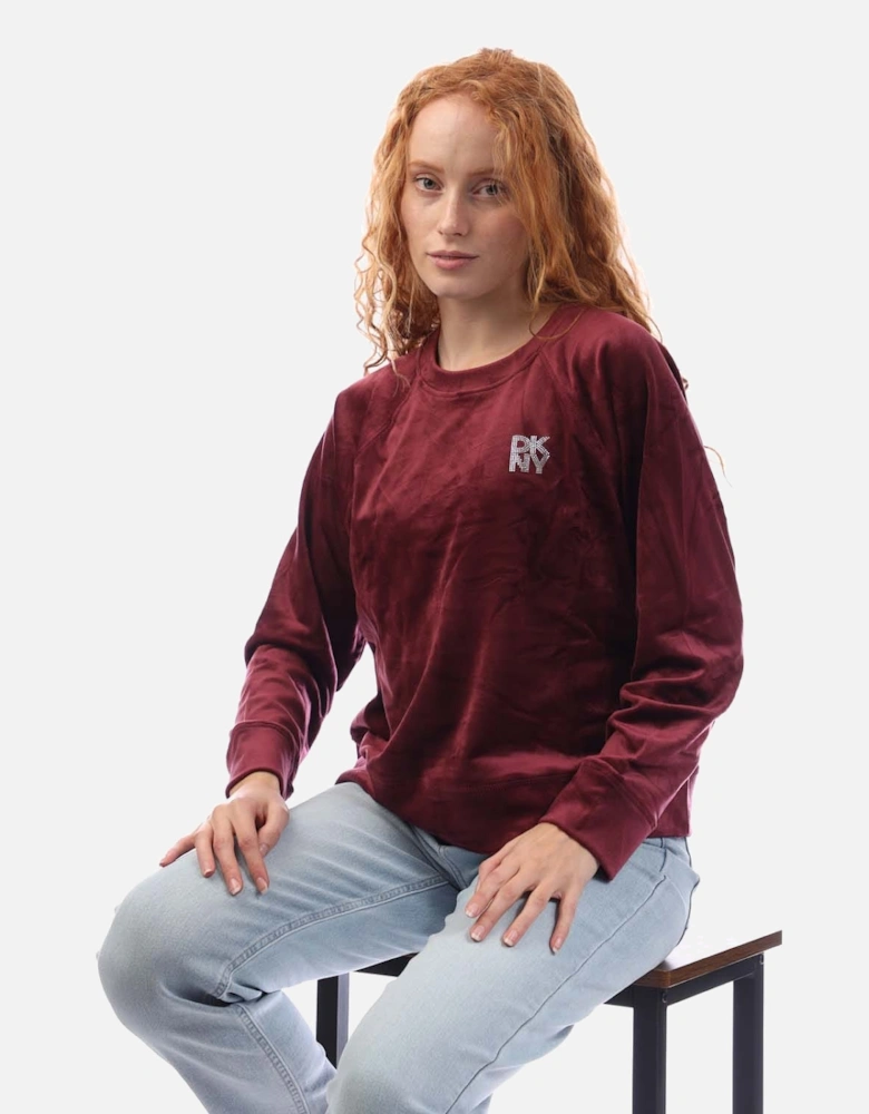 Rhinestone Velour Logo Crew Neck Sweatshirt