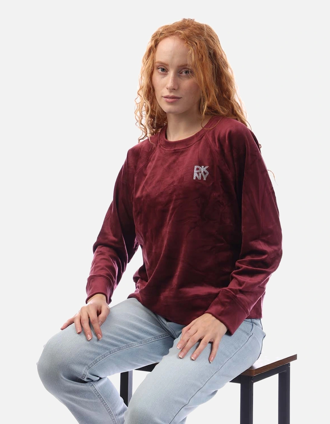 Rhinestone Velour Logo Crew Neck Sweatshirt