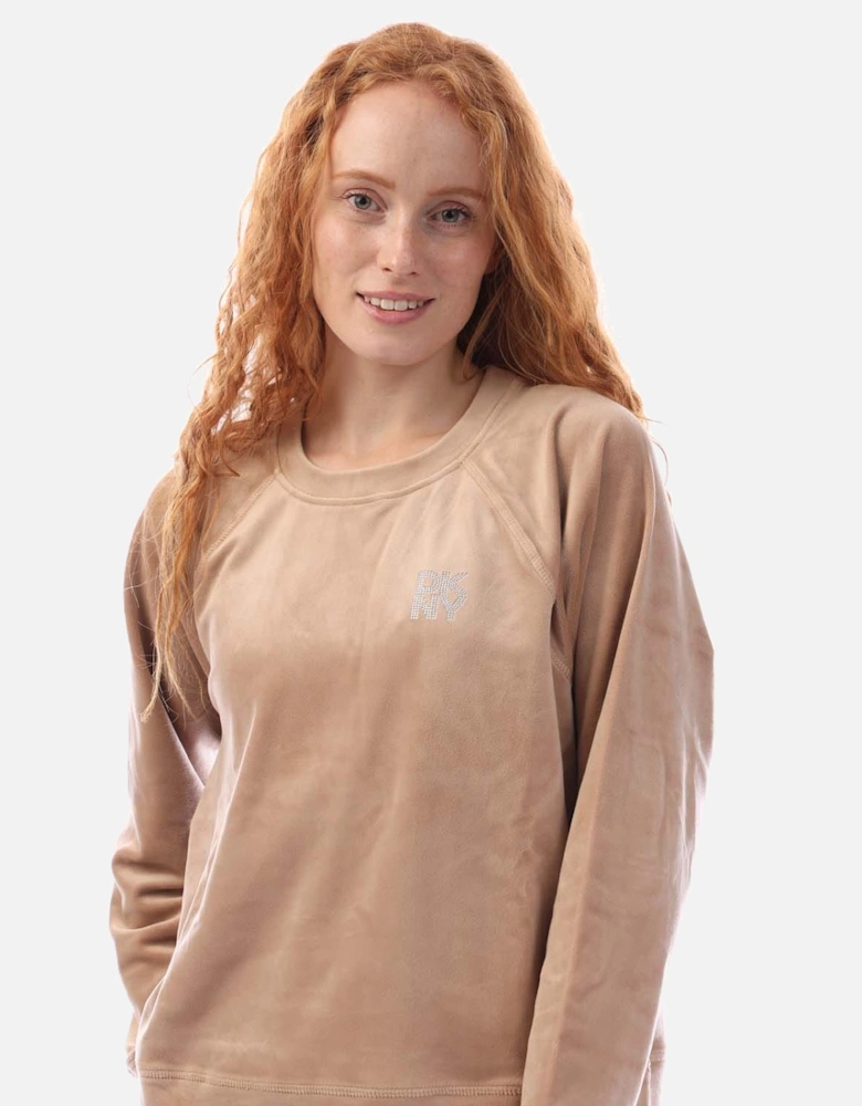Rhinestone Velour Logo Crew Neck Sweatshirt
