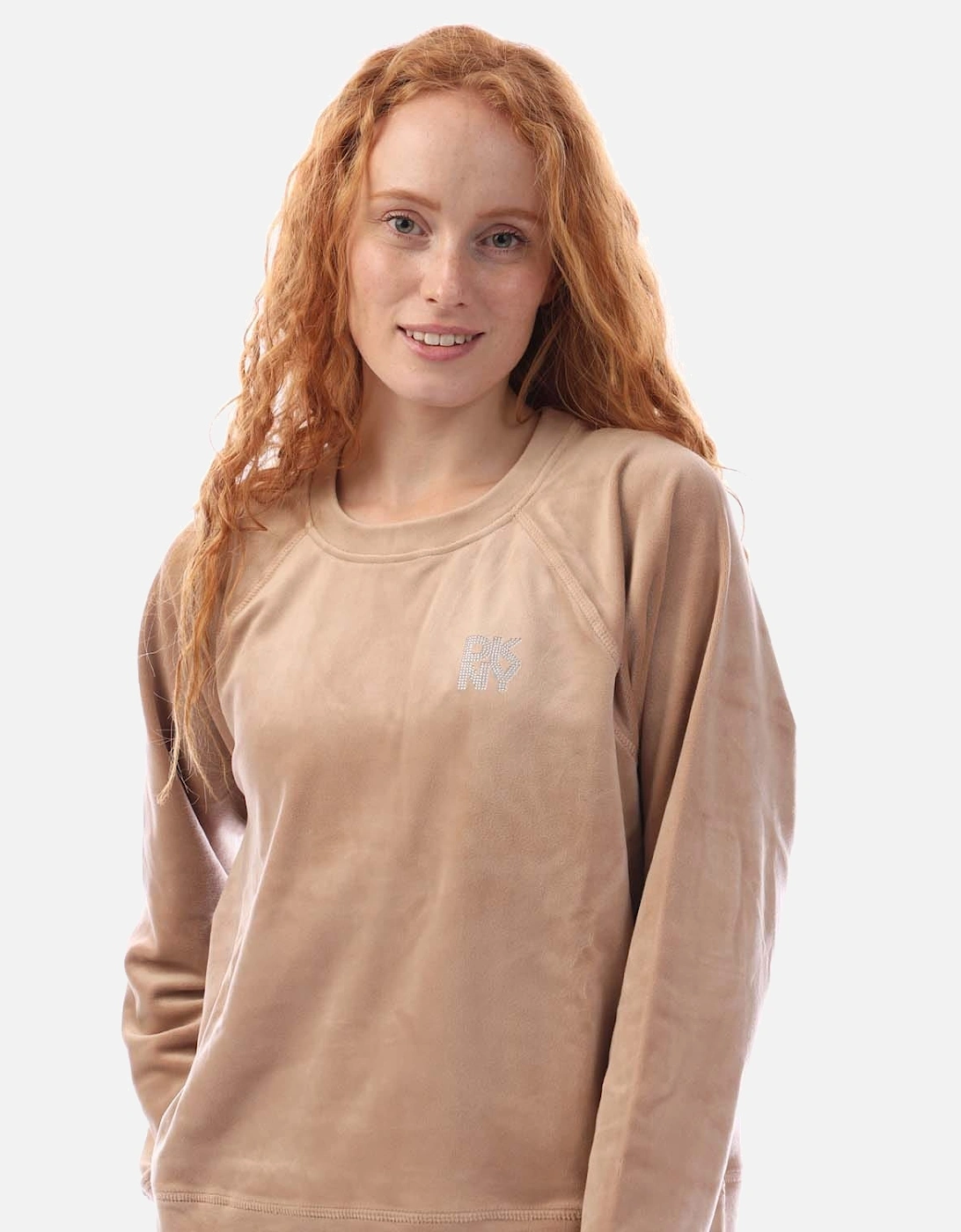 Rhinestone Velour Logo Crew Neck Sweatshirt