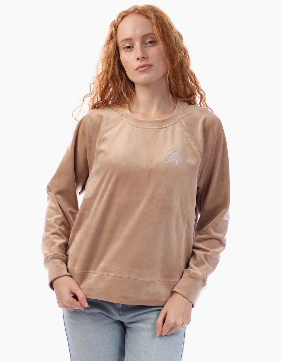 DKNY Women's Rhinestone Velour Logo Crew Neck Sweatshirt - Cream - Size: XS