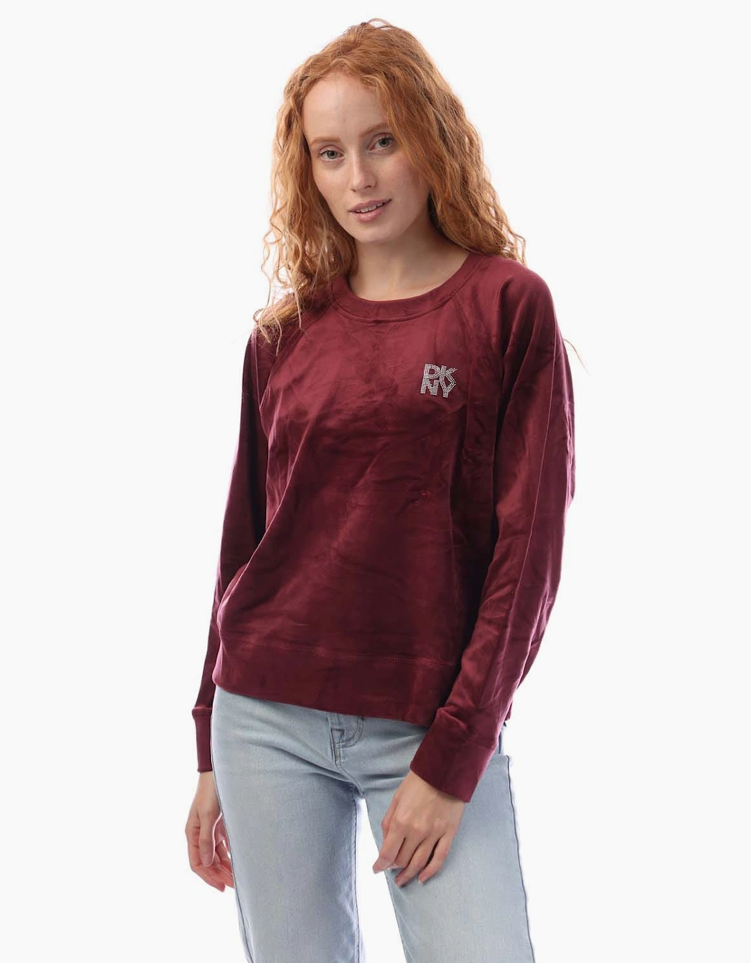 DKNY Women's Rhinestone Velour Logo Crew Neck Sweatshirt - Red - Size: XS