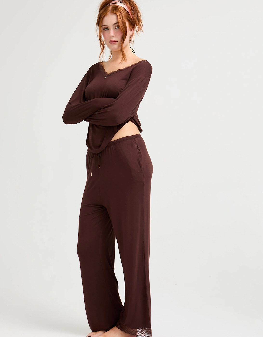 Bamboo Lace V-Neck Pyjama Set in Chocolate, 5 of 4