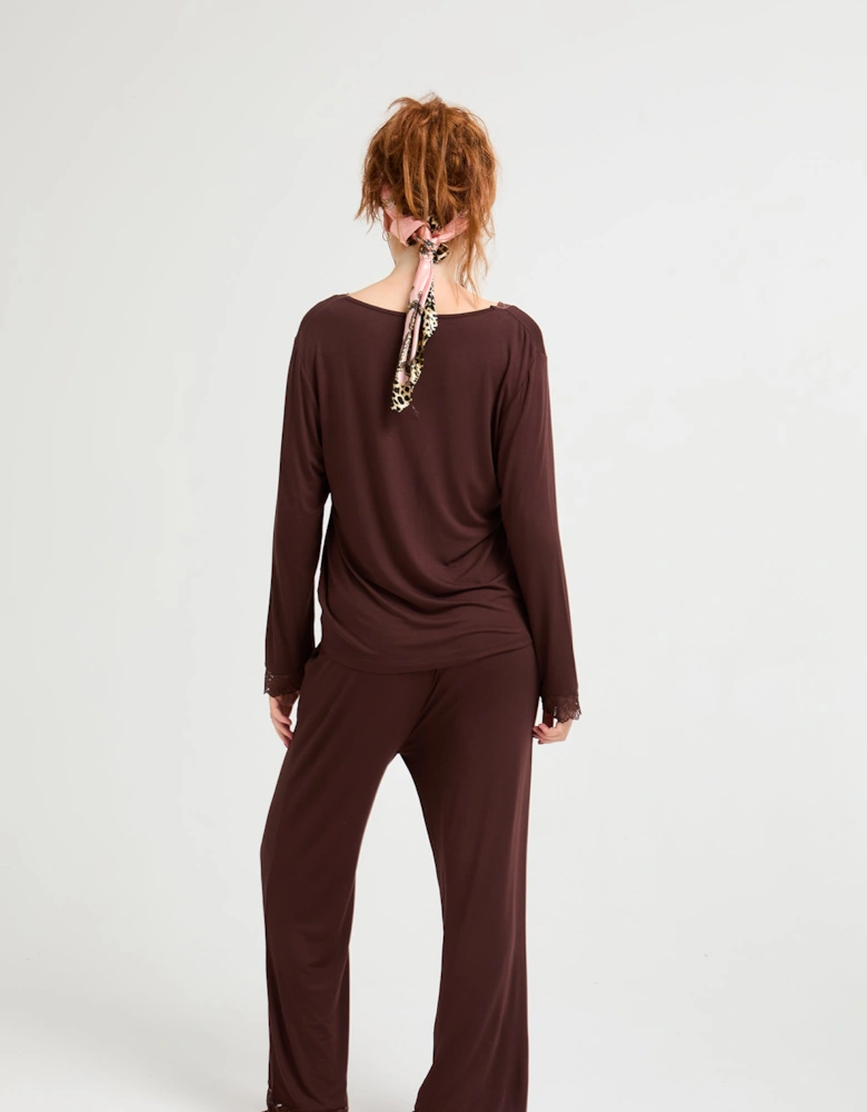 Bamboo Lace V-Neck Pyjama Set in Chocolate