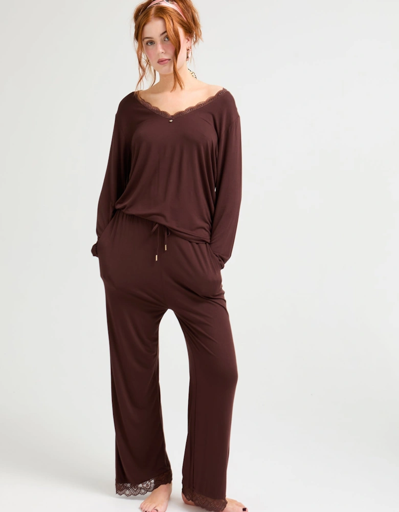 Bamboo Lace V-Neck Pyjama Set in Chocolate