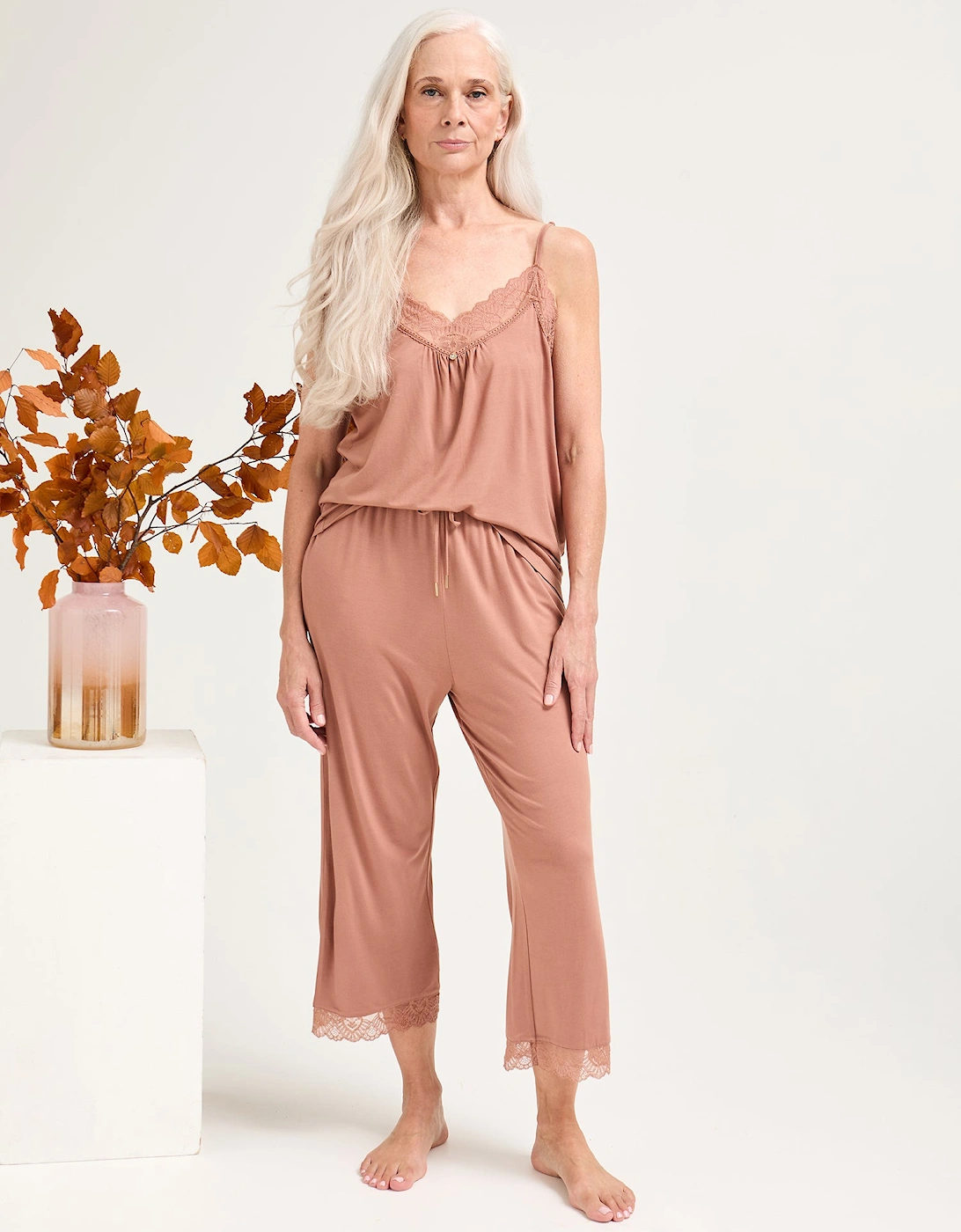 Bamboo Lace Cami Cropped Trouser Pyjama Set in Mocha, 4 of 3
