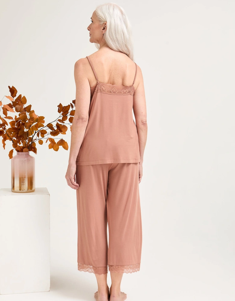 Bamboo Lace Cami Cropped Trouser Pyjama Set in Mocha