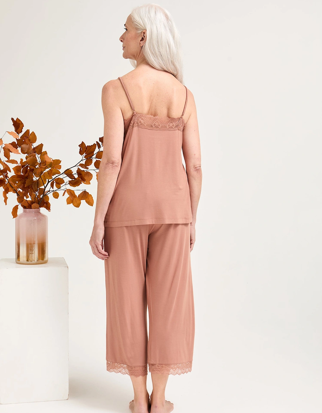 Bamboo Lace Cami Cropped Trouser Pyjama Set in Mocha