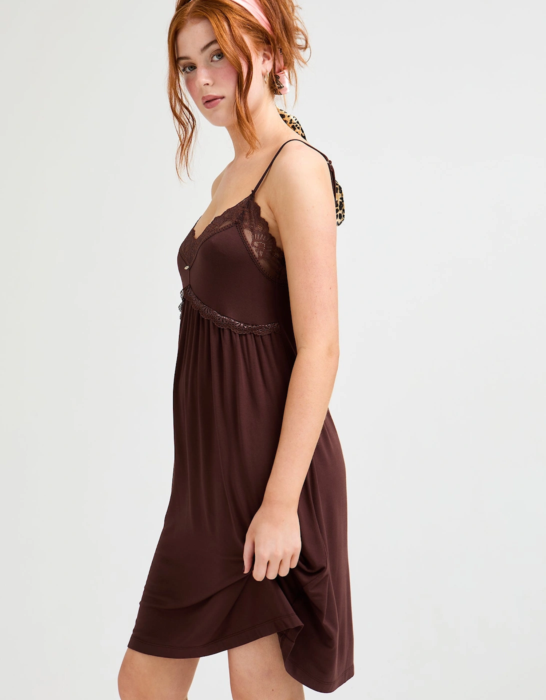 Bamboo Lace Chemise Nightdress in Chocolate