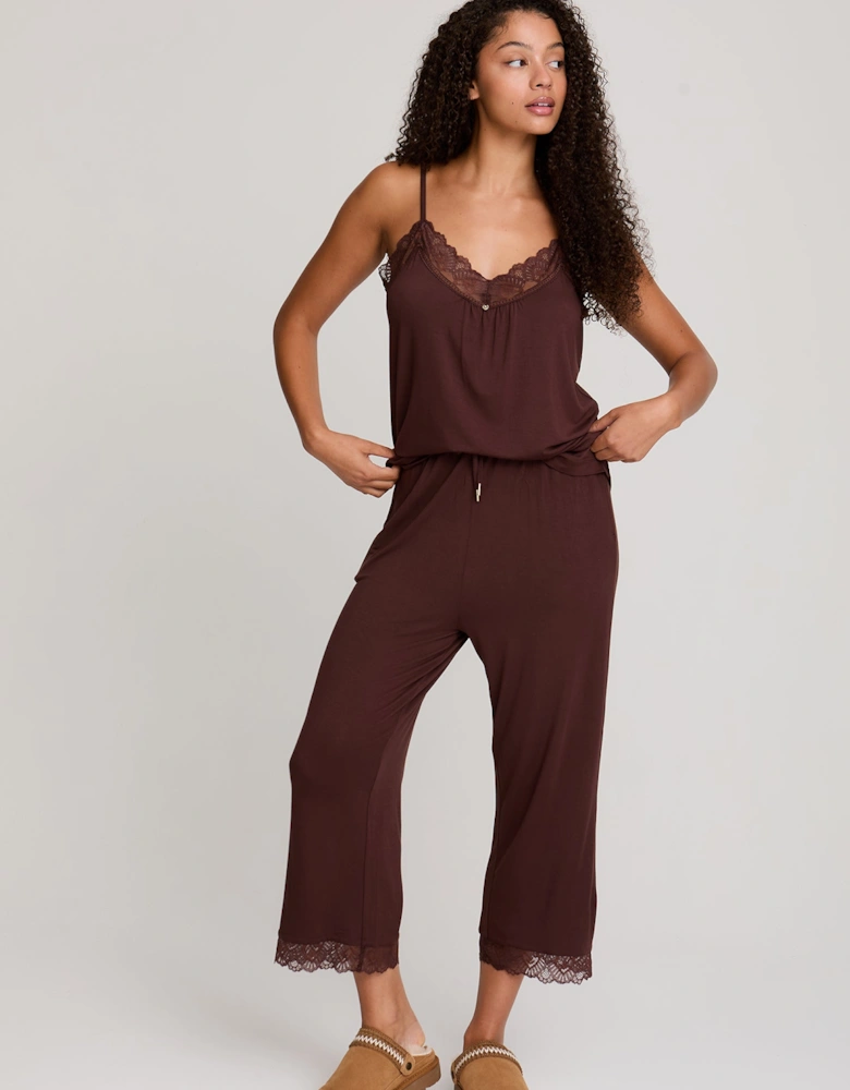 Bamboo Lace Cami Cropped Trouser Pyjama Set in Chocolate