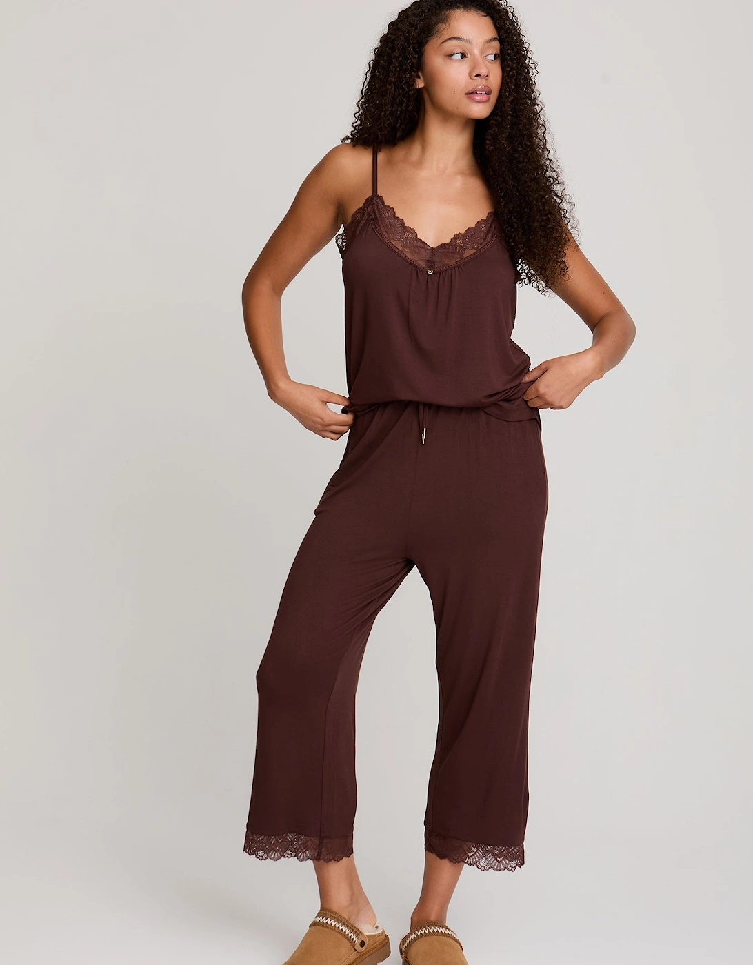 Bamboo Lace Cami Cropped Trouser Pyjama Set in Chocolate, 5 of 4