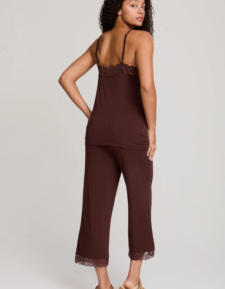 Bamboo Lace Cami Cropped Trouser Pyjama Set in Chocolate