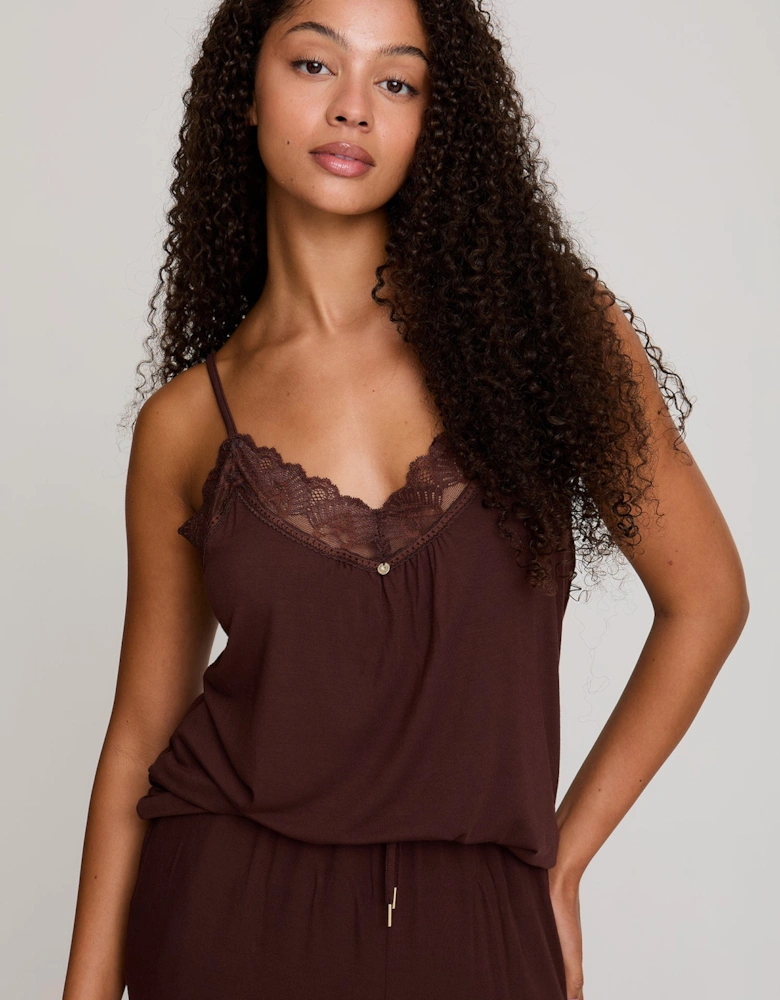 Bamboo Lace Cami Cropped Trouser Pyjama Set in Chocolate