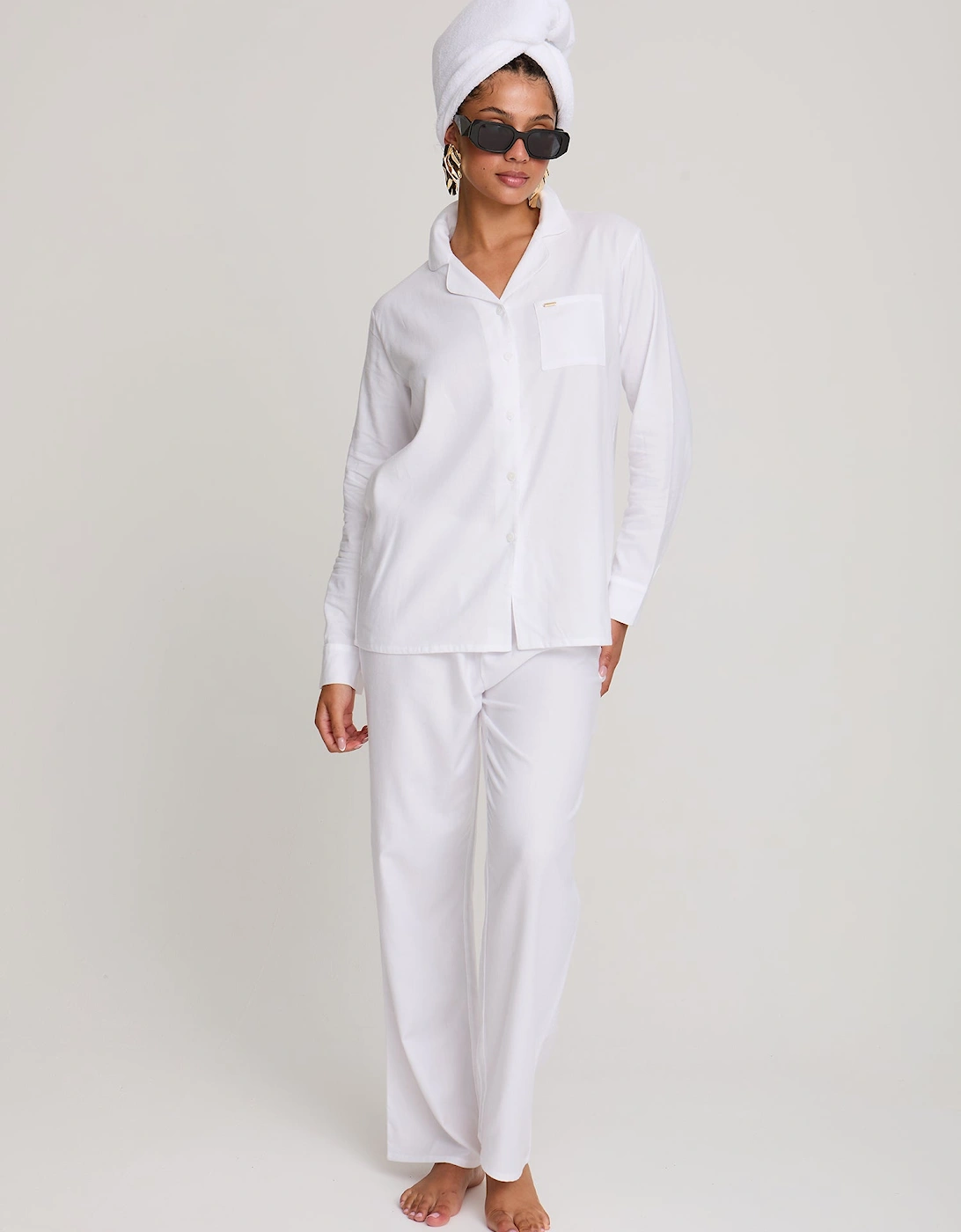 Cotton Modal Long Pyjama Set in White, 6 of 5