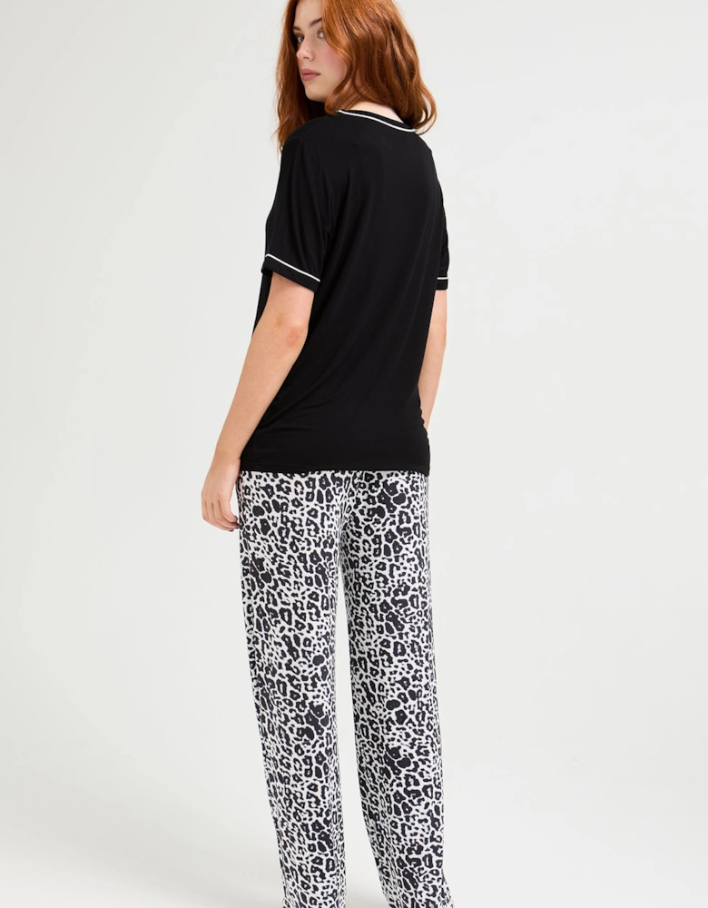 Bamboo Tee and Trouser Set in Black / Luxe Leopard