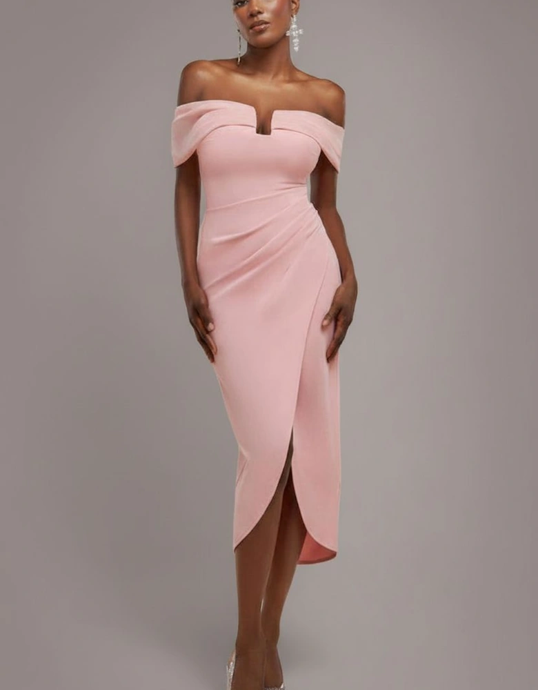 Off The Shoulder Chiffon Wing Scuba Crepe Midi Dress