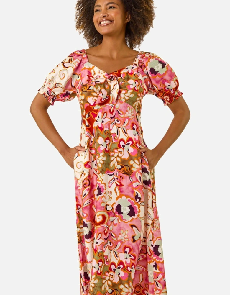 Floral Print Tie Front Midi Dress