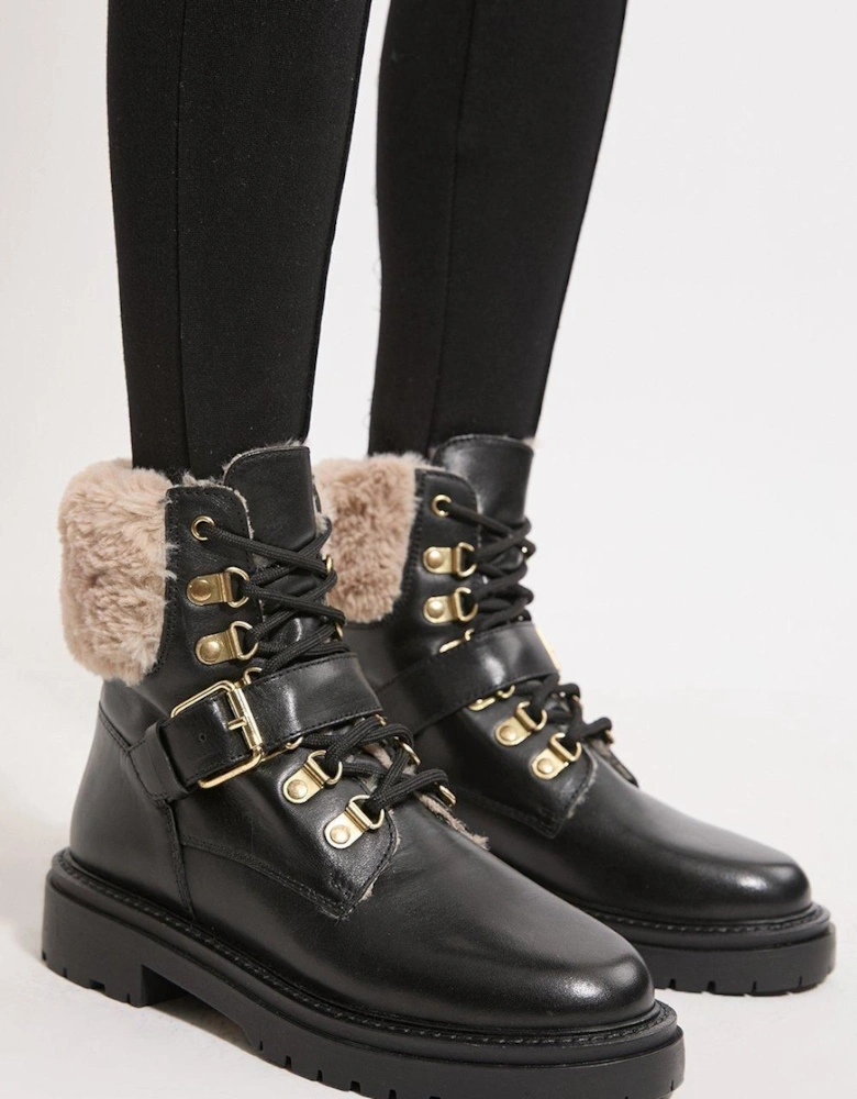 Leather Faux Fur Lined Chunky Lace Up Worker Boot