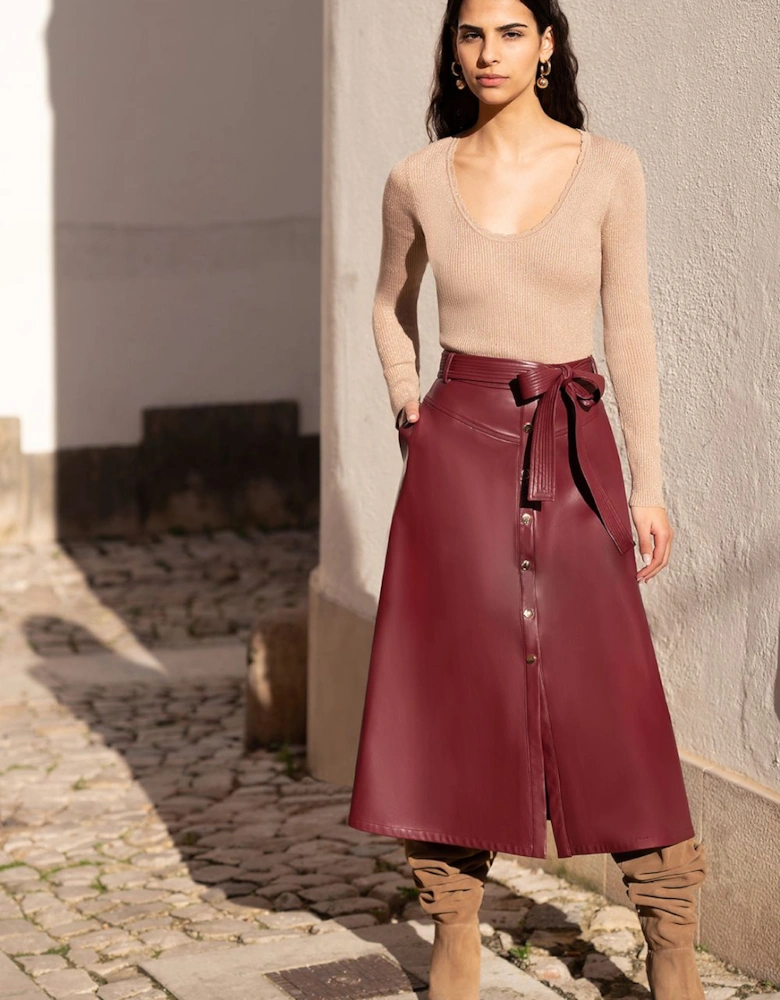 Burgundy Faux Leather A Line Midi Skirt With Button Up Details