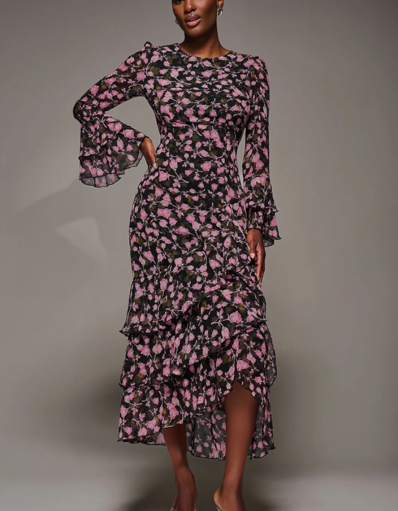 Ruffled Long Sleeve Tiered Chiffon Midaxi Dress