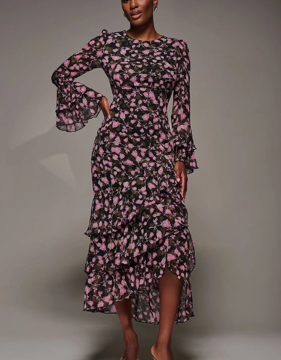 Ruffled Long Sleeve Tiered Chiffon Midaxi Dress, 2 of 1