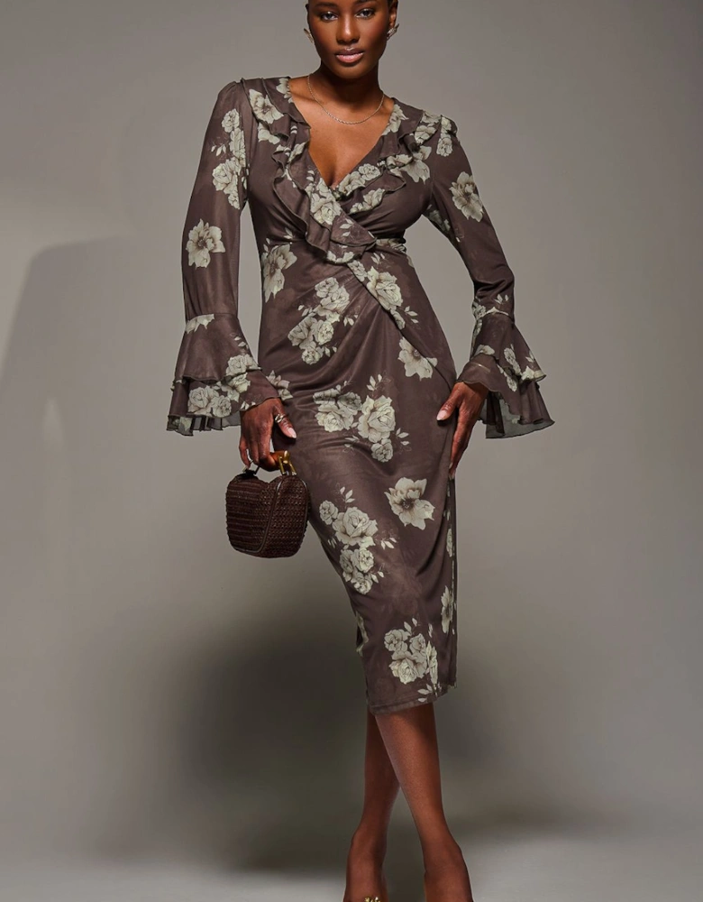 Frill Sleeve Pleated Wrap Midi Dress