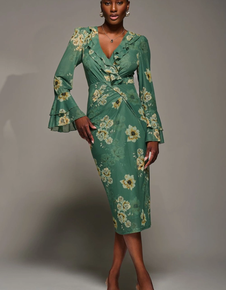 Frill Sleeve Pleated Wrap Midi Dress