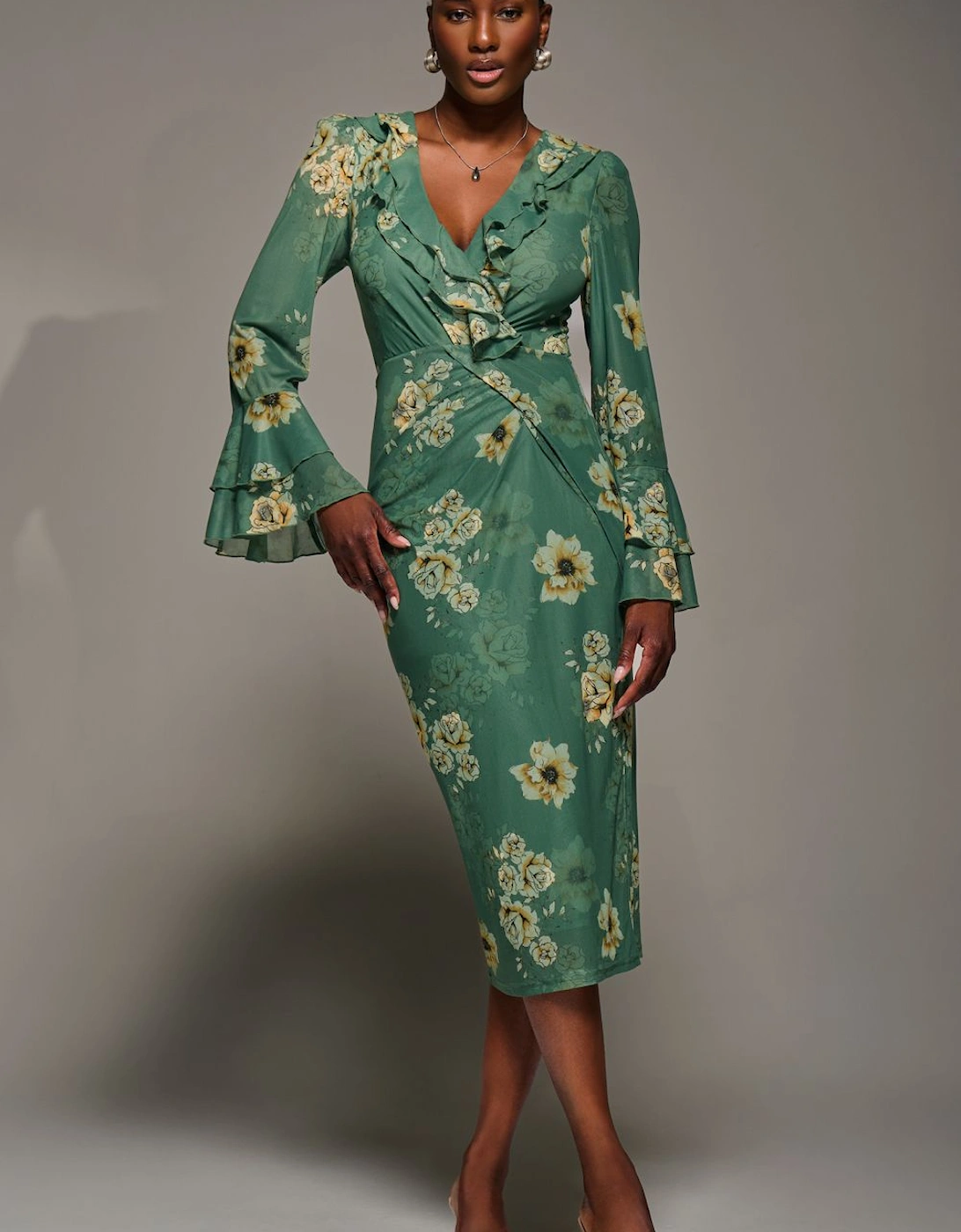 Frill Sleeve Pleated Wrap Midi Dress, 2 of 1
