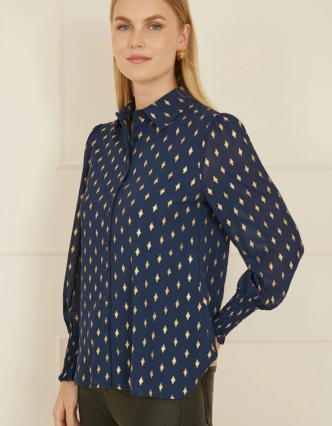 Navy Diamond Foil Print Top With Ruched Cuff, 2 of 1