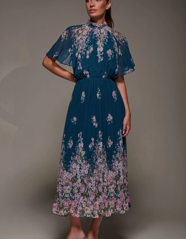High Neck Short Sleeve Pleated Chiffon Dress